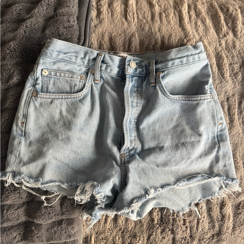 Agolde Light Blue Frayed Hem Jean Shorts